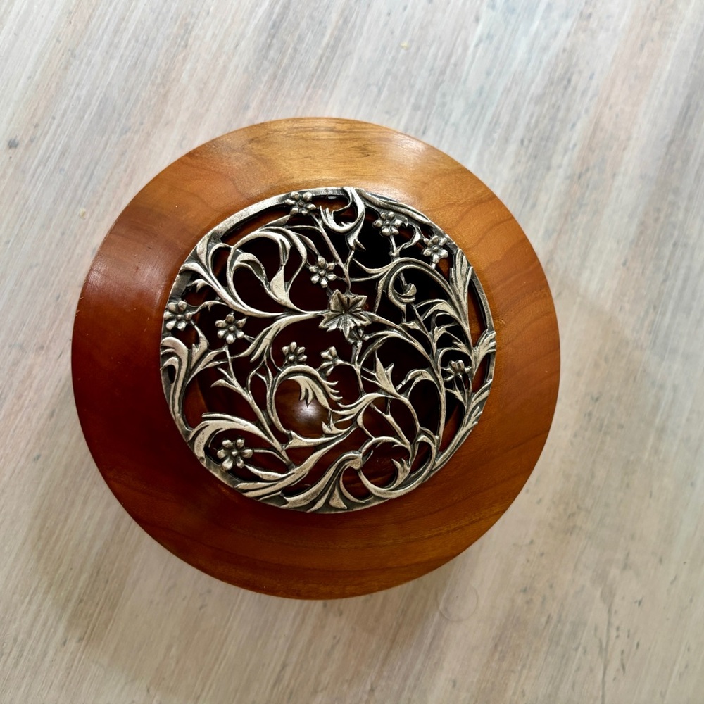NWOT Handcrafted Round Wooden Bowl with Silver Lid.